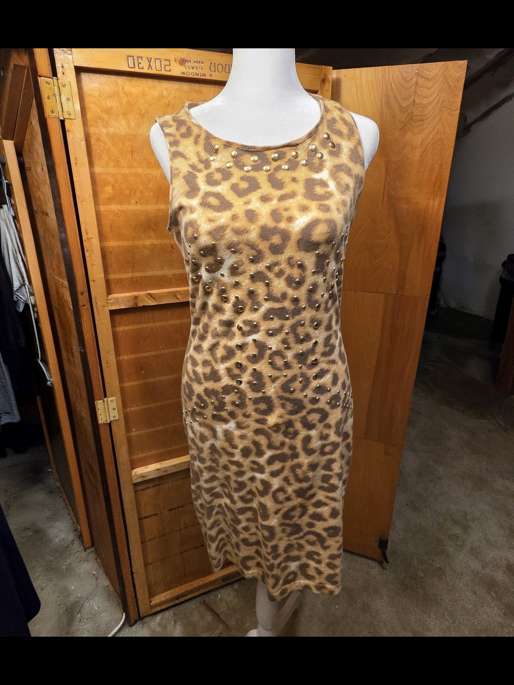 Kardashian Collection Leopard Cheetah Print Gold Studded stretch Dress Size M